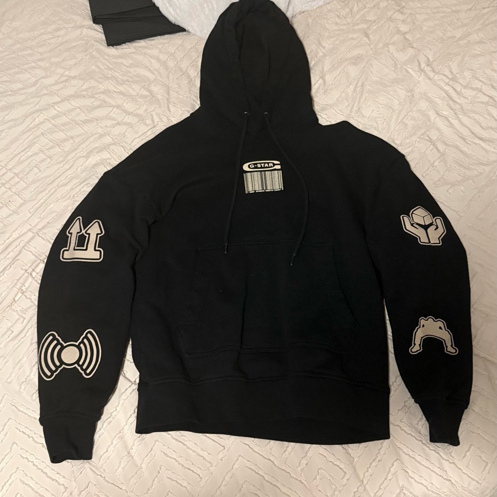 G-Star Men’s Black Hoodie with Beige Graphics Size Small